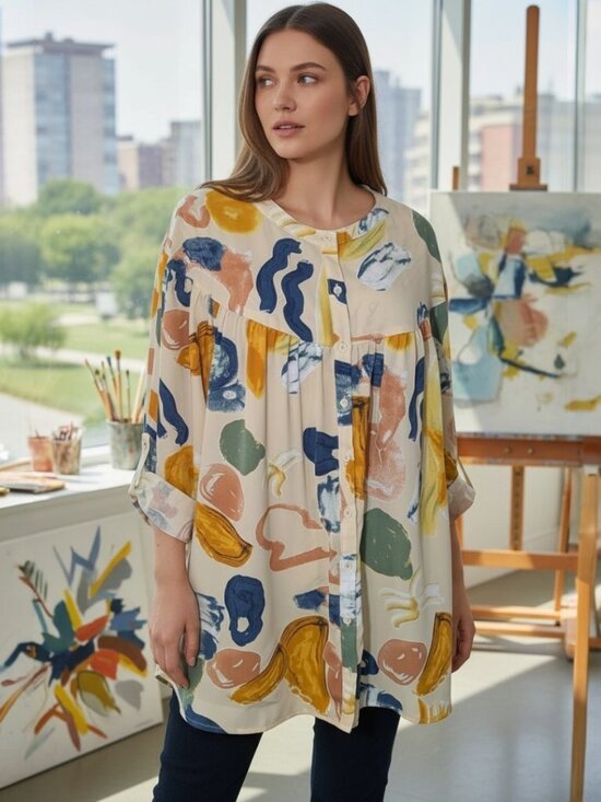 entro Tops - entro Multicolor Abstract Button-Front Boho Blouse in Cream Base XL